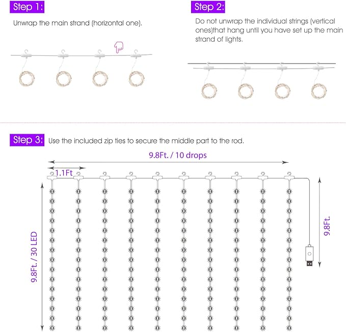 Minetom Curtain Lights, 300 LED Dimmable Fairy Lights with Remote and Timer, 8 Modes, USB Powered String Lights for Room Wall Party Xmas Indoor Decor, Purple & Orange