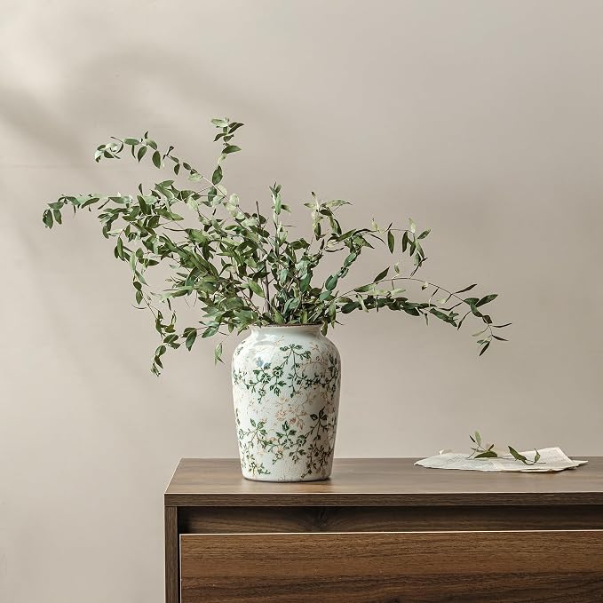 Ceramic Flower Vase for Home Decor, Green Vintage Decorative Vase 8 Inch | Rustic Farmhouse Floral Vase for Living Room, Bookshelf, Coffee Table, Kitchen, Mantel, Entryway, Wedding Centerpiece