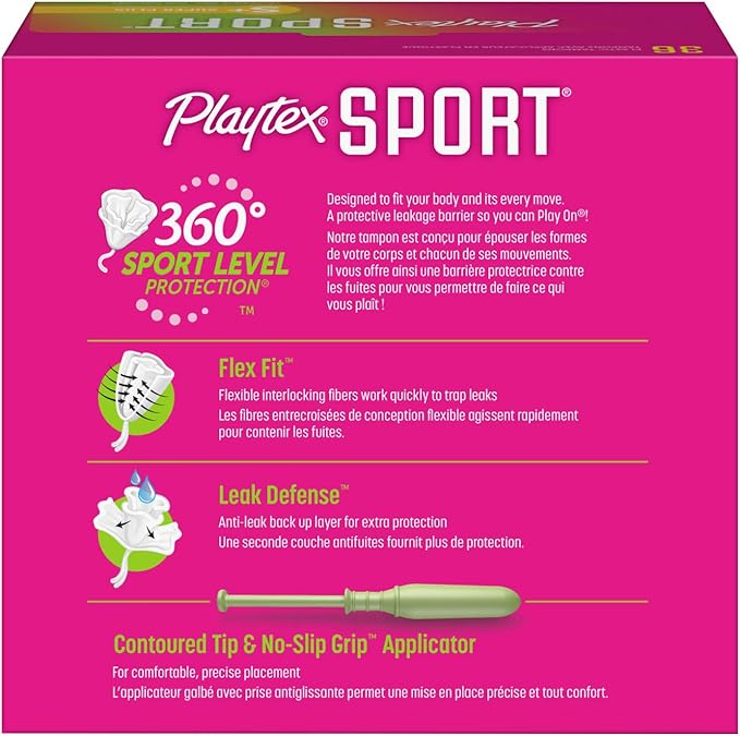 Playtex Sport Tampons, Super Plus Absorbency, Fragrance-Free | 360 Leak Defense | 36 Count, Pack of 12