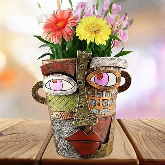 Picasso Brutalist Abstract Beauty Face Flower Pot Acolorful Art Resin Handmade Face Planters Pots Head for Home Art Decor Balcony Ornaments (Retro), RCZED152