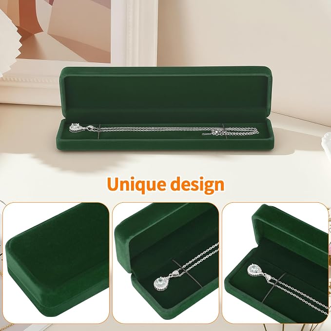 KUKUVR 2 Pcs Velvet Necklace Gift Box, Long Jewelry Storage Holder Case for Chain Pendant Bracelet Engagement Birthday Anniversary (Green)