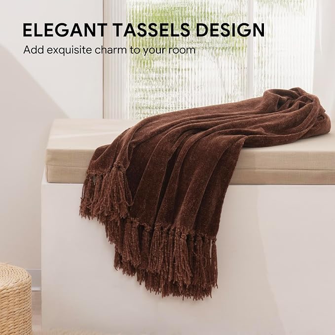 RECYCO Chenille Throw Blanket for Couch, 60"x80", Brown | Super Soft Knit Throw Blanket with Fringe Tassels, Lightweight Knitted Throw, Cozy, Ideal for Sofa Chair Bed Living Room Gift