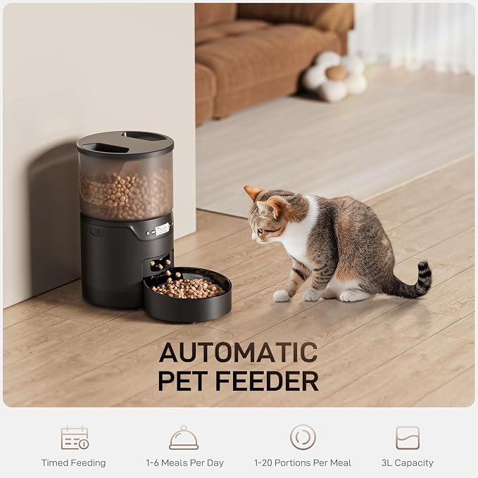 IMIPAW PET Automatic Cat Feeder: 3L Auto Food Dispenser with Timed Feeding| 6 Meal Programmable& 1-20 Portion Precise Control- Easy to Clean & Setup for Cat Indoor| Desiccant Bag Keep Food Fresh