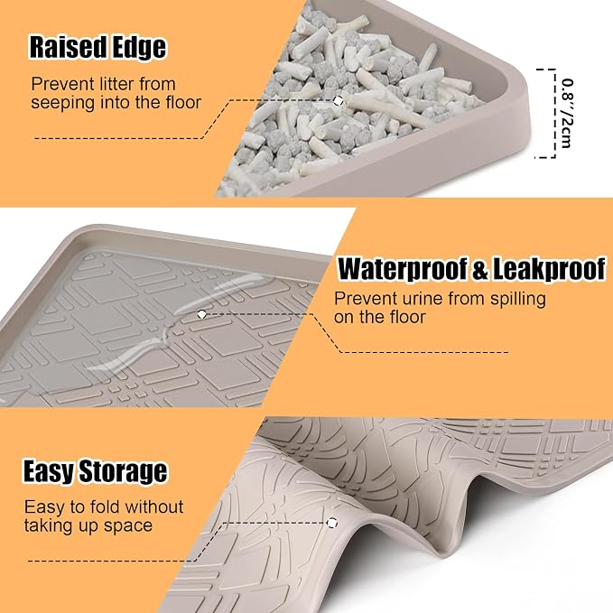 Silicone Cat Litter Mat 42" x 29" Cat Mat for Litter Box, Khaki | Extra Large Cat Litter Trapping Mat for Floor, Waterproof, Non-Slip Kitty Litter Box Mat with Raised Edge, Easy to Clean