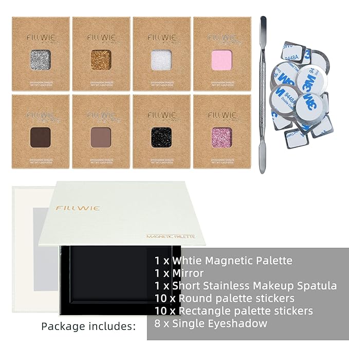 Magnetic 8-Color Mini Eyeshadow Palette with White Magnetic Case, 10 Round & 10 Square Magnetic Metal Stickers, and Short Color Mixing Stick