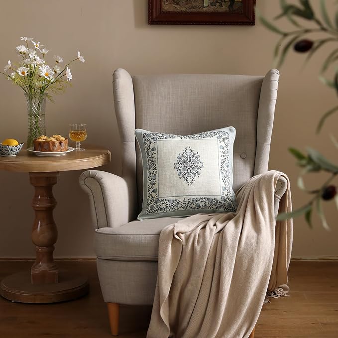 Designer Vintage Linen Throw Pillow Cover,18"x18"-Segerman A | Elegant Chinoiserie Square Pillow Cover,Concealed Zipper Design,Floral Pattern,Sofas,Bedroom,Living Room,Lounge Chairs