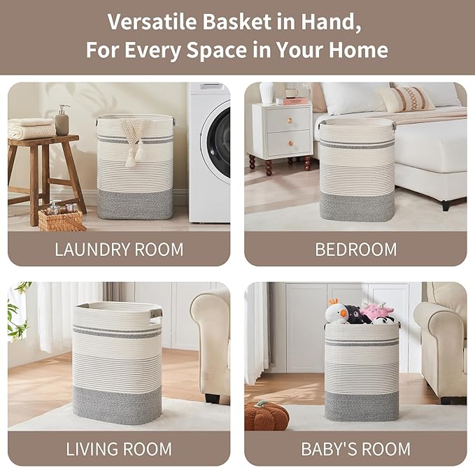 Laundry Hamper, 85L Cotton Rope Laundry Basket, Grey & White | Foldable nursery hamper with leather handles; store blankets, toys, baby clothes and laundry in bedroom or living room