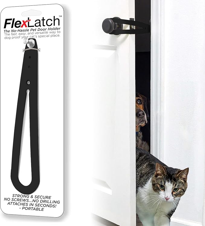 FlexLatch Cat Door Holder Latch - Black Cat Door Alternative Installs Fast Flex Latch Strap Let's Cats in and Keeps Dogs Out of Litter & Food. Safe Baby Proof One Piece No Measuring Extra Easy
