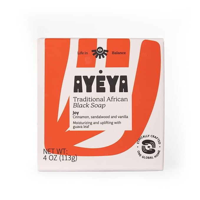 AYÉYA African Black Soap Bar – Joy – Cinnamon, Sandalwood & Vanilla – Warm Scented African Soap for Face & Body – Raw Shea Butter Bar for Dry Skin & Dark Spots