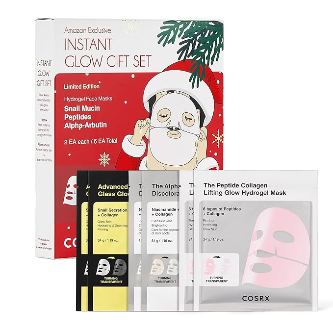 COSRX Glow-Boosting Face Mask Limited Gift Set 6ea, Snail Mucin, 6 Peptides & Alpha-arbutin for Glass skin, Collagen Face Mask, Korean Skin Care Set, Amazon Exclusive