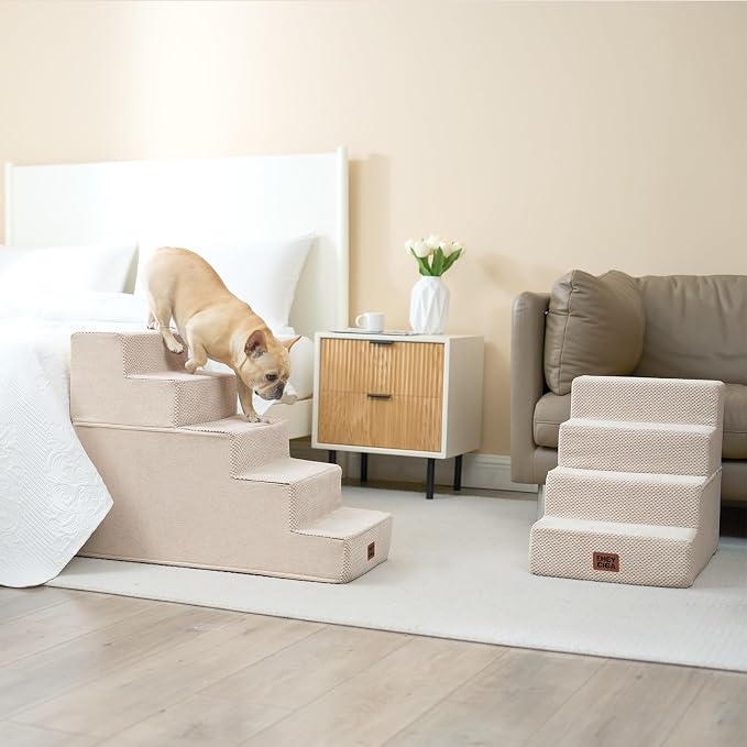 EHEYCIGA Dog Stairs for High Bed 22.5" H, 5-Step Dog Steps, Beige | Pet Steps for Small Dogs and Cats for Bed, Non-Slip Balanced Pet Ramp Indoor