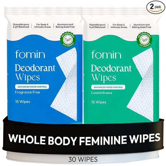 FOMIN Acidified Deodorant Wipes For Women - 30 Count - Variety Pack – Hypoallergenic, pH Balanced Whole Body Wipes - Plastic-Free, Exfoliating & Advanced Odor Control Underarm Body Wipe