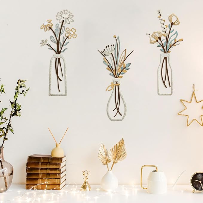 Pigort 3 Pieces Metal Flowers Wall Art- Rustic Farmhouse Decor Minimalist Decor for Living Room Bathroom Bedroom Dining Room, Housewarming Gifts Christmas Decoration(Beige, Vase-C)
