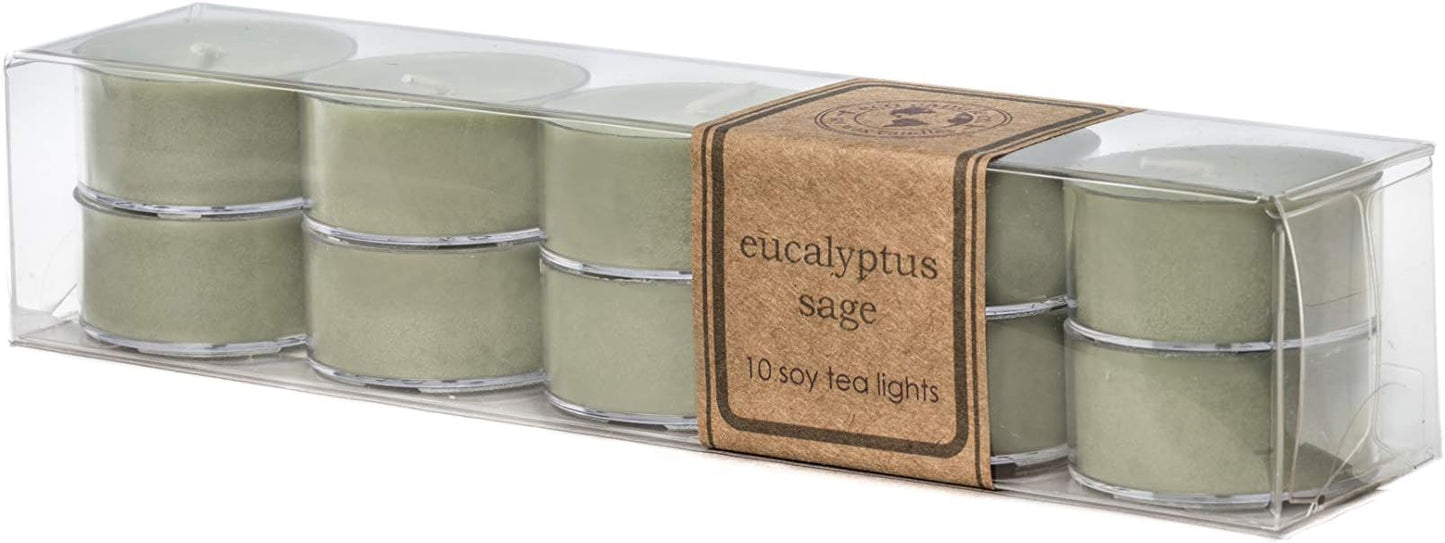 Eco Candle Co. Eucalyptus Sage Tea Light Candles, 10-Pack, 9 Hr Burn Time | Scents of Eucalyptus, Sandalwood, Rosemary, & Sage - Recyclable,, No Lead, Hand Poured, USA Made