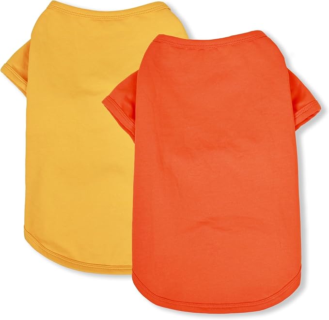 Koneseve Dog Shirts Soft Plain Solid T-Shirt Stretchy - Yellow & Orange 2XL | 2-Pack Breathable Cotton Clothes for Small & Medium Dogs, Easy Tee Pull-On Design, All-Season Daily Wear & Outdoor Walks
