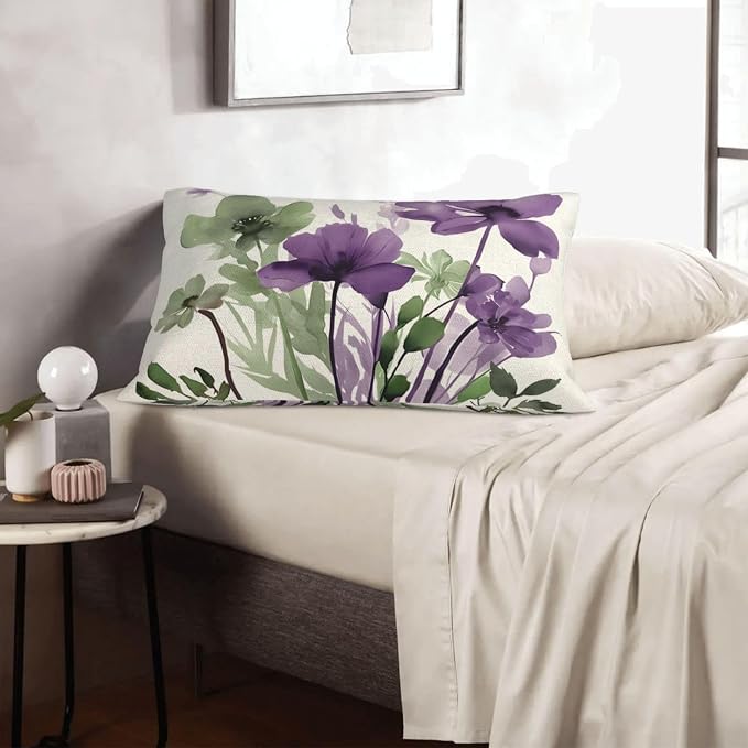 Spring Floral Pillow Covers 12x20 Inches Set of 2 Sage Green Purple Floral Throw Pillow Cover Outdoor Summer Flower Decoration Pillowcase Farmhouse Decorative Lumbar Cushion Cover For Home Sofa