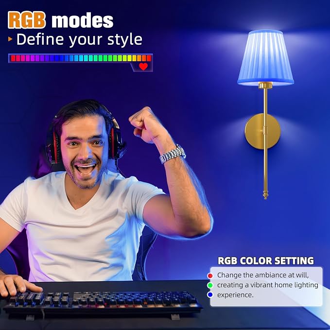 19.9 inch Battery Operated Wall Sconce Set of 2,Beige Gold Rechargeable Wall Lights with 10400mAh Dimmable Bulbs and Remote, 9 Colors Wireless Wall Lamps for Bedroom Living Room Decor