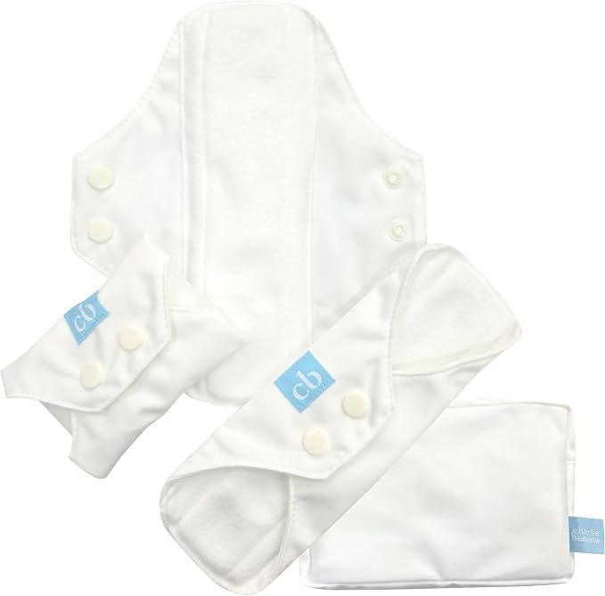 Charlie Banana - Reusable Feminine Pads Regular 3 Pack with Pouch | Washable Menstrual Pads for Medium Absorbency | White