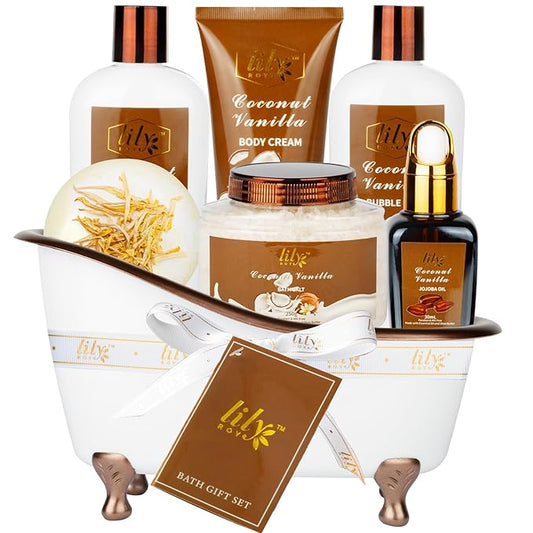 Mothers Day Gifts for Mom, Gifts for Women, 7-Piece Coconut Vanilla Bath and Body Gift Set, Spa Kit | Spa Gifts for Valentines Day, Fathers Day, Birthday, Christmas Gift, All Occasion Gift