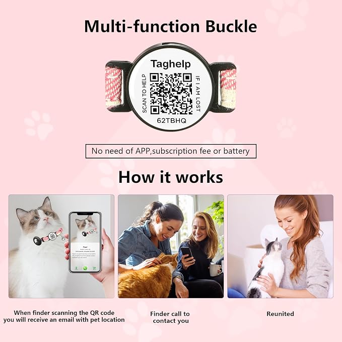 Grid Cloth Breakaway Cat Collar with Smart ID tag with AirTag Holder and Bell, Light, Adjustable,AirTag, Integrated Air Tag Cat Collar for Apple.Tracker for Girl Boy Cats Kittens(Green)