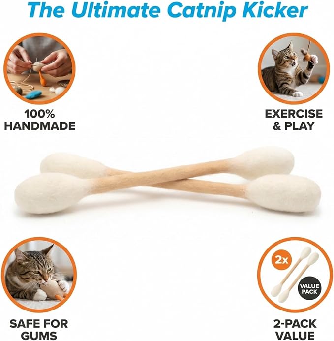 Glaciart One XXL Swabs Cat Toys with Catnip - 2 Pk | Durable for Chew, Cute Cat Toys Interactive Kitty for Boredom, Exercise, & Play | Filled w/Organic Catnip for Anxiety & as Digestive Aid