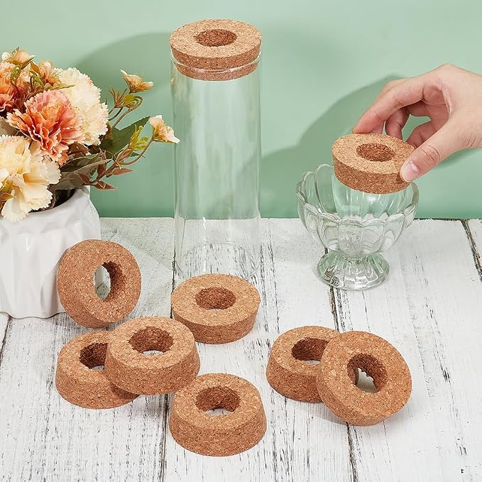 OLYCRAFT 10Pcs Cork Lids with Center Hole 2.3-2.5 Inch Plant Corks | 1.2 Inch Hole Cork Stoppers for Glass Planter, Vase Lids Cork Replacement for Hydroponics Plant Growing Vases - 0.8 In Thick
