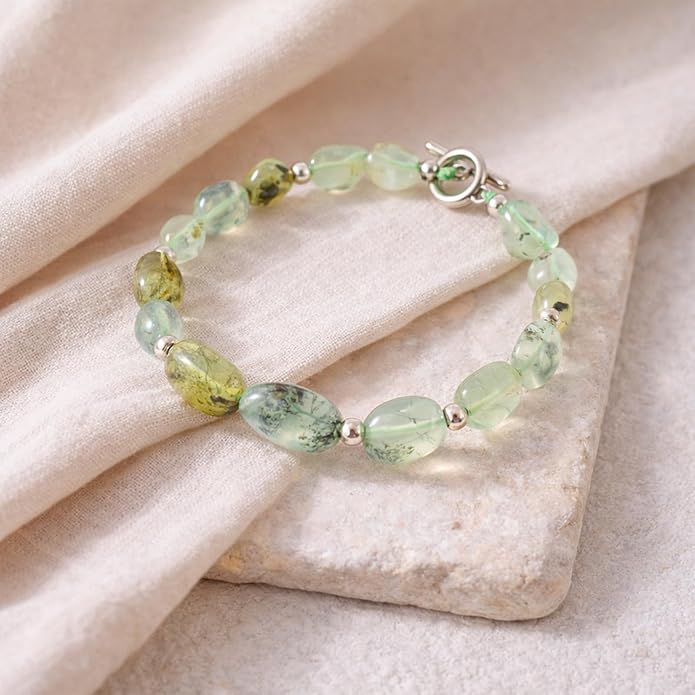 Sheplus Valentine's Day Gift - Natural Prehnite Gemstone Bracelet with Sterling Silver Clasp Healing Crystal Jewelry for Wife Girlfriend