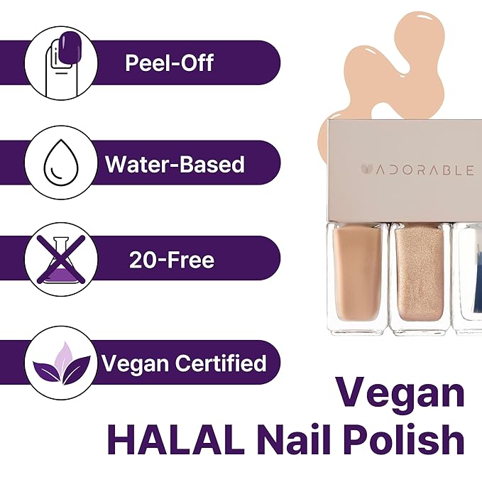 Breathable Halal Vegan Nail Polish – Water-Based 3pc Gift Set (Solid Beige + Glow Beige + Clear Top Coat) | Non-Toxic, Eco-Friendly, Cruelty-Free, 0.51 fl oz