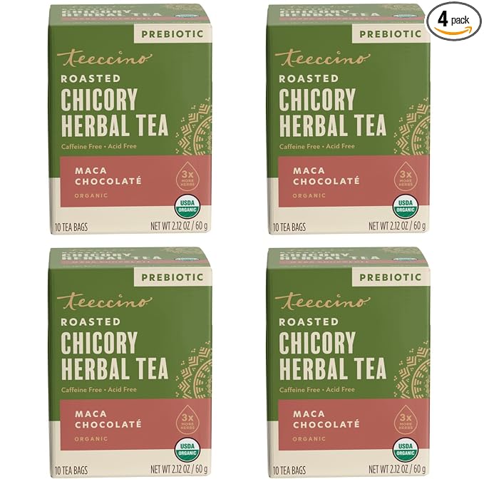 Teeccino Herbal Tea – Maca Chocolaté – 10 Tea Bags - Adaptogenic Peruvian Maca, Cacao, Chicory, Prebiotic, Caffeine Free, Acid Free, Coffee Alternative, (Pack of 4)