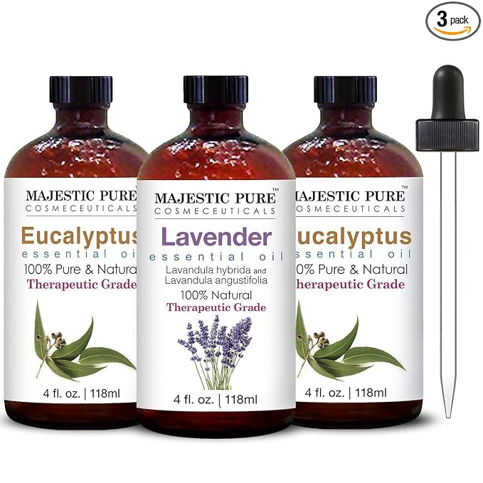 Majestic Pure Lavender Essential Oil and Eucalyptus Essential Oil Bundle - 2 Eucalyptus & 1 Lavender Oil Bottle Combo for Aromatherapy, Massage, Topical and Household Uses - 4 fl oz Each