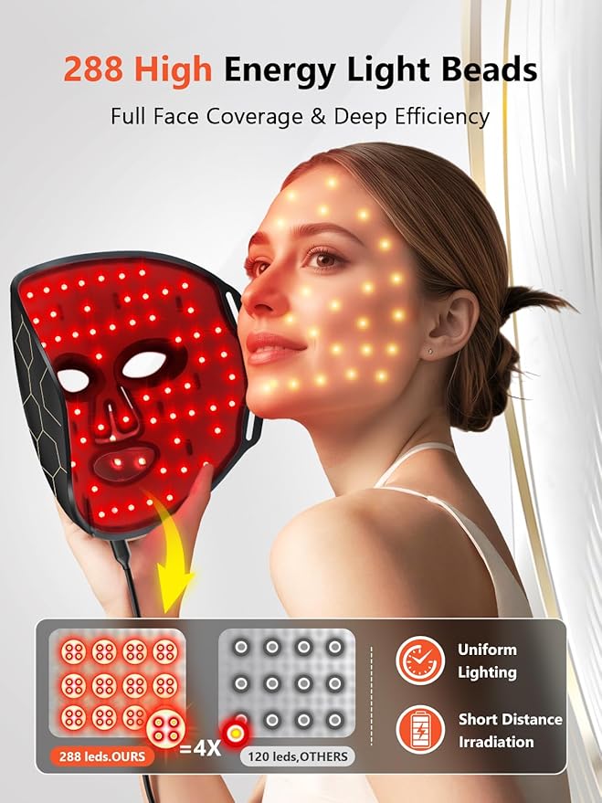 Red Light Therapy Mask for Face, 8 Modes LED Face Mask Light Therapy with 288 LEDs, 630nm & 850nm Infrared Light Therapy Mask at Home, Portable with Timer & 2600mAh Remote Control.