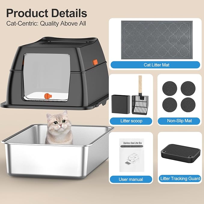 Lobeve Extra Large Stainless Steel Litter Box with Lid, Easy-Clean Pan | Enclosed Litter Box with Leak-Resistant Design, High Sides, Front Entry and Top Exit; Odor Control, Scoop and Mat Included