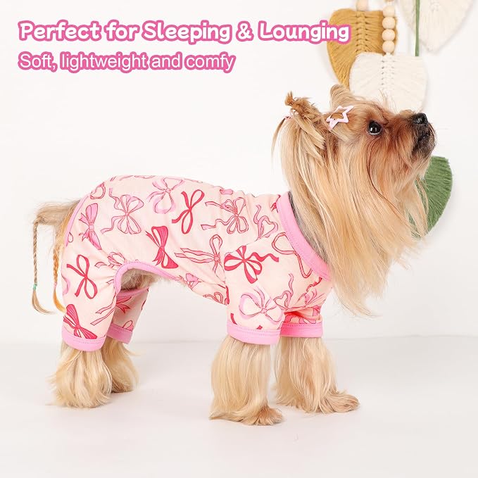 DaFuEn Dog Pajamas for Small Dogs, Soft Stretchy 4 Legs Puppy Jumpsuit, All Season Cozy Pet PJs for Chihuahua Yorkie Teacup Dogs, Cat Clothes (Pink Bow, S)