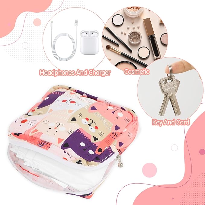 YUXIANLB Sanitary Napkin Storage Bag, Portable Period Bags for Teen Girls, Tampon Disposal Bags Teen Pads Feminine Product Organizer, First Period Kit Pouch for Girls (Cat)