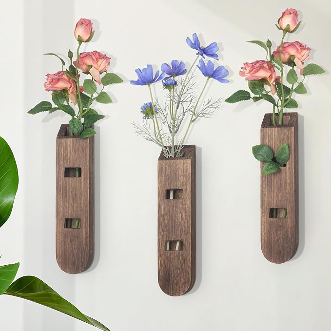 3 Pack Wood Planter Set, Boho Wall Decor for Living Room, Modern Farmhouse Entryway or Bathroom Decor, Wooden Vase Aesthetic Art for Wall Decorations