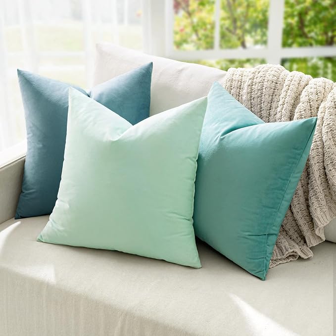 MIULEE Velvet Throw Pillow Covers 16x16 Inch Pack of 2 Aqua Green | Soft Solid Small Decorative Pillow Covers, Modern Luxury Home Decor, for Couch Chair Sofa Bedroom Livingroom Car