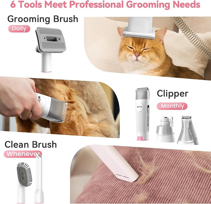 Afloia 6-in-1 Dog Grooming Kit, Pet Grooming Vacuum for Shedding, Dog Hair Vacuum with Clipper Nail Trimmer Grinder, Pet Brush Groomer at Home, Low Noise Cats Hair Remover, 1.5L Dust Cup, Pink | All-in-one grooming covers brushing, clipping, trimming a...