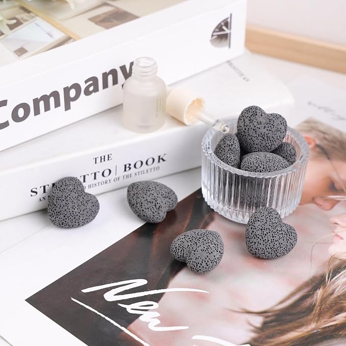 TUMBEELLUWA 10 PCS Black Heart Shaped Lava Rocks for Essential Oils | 1 Inches Porous Oil Diffuser Stone, Aroma Diffuser for Home Office, Carved Heart Stone for Romantic Wedding Favor & Decor
