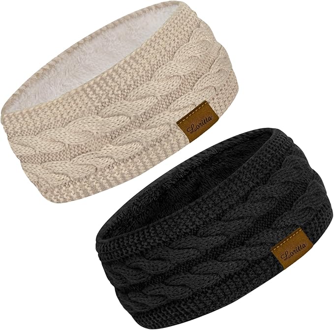 Loritta 2 Pack Headbands for Women Winter Warm Cable Knit Ear Warmer Thick Head Wrap Fuzzy Fleece Lined Gifts