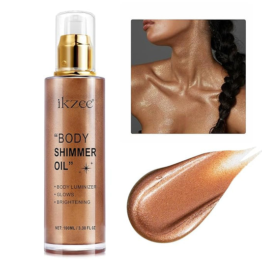 Shimmer Oil 100ml, Moisturizing Long Lasting Body Luminizer Face Brighten, Waterproof Liquid Illuminator Glow, Glitter Oil Highlighter Summer Glowing Makeup (#03 Bronze Gold)