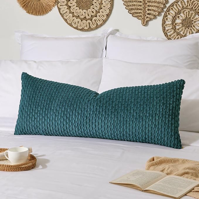 Kevin Textile Soft Corduroy 20"x54" Body Pillow Cover 1 Pack, Teal Blue | Boho Stripe Plush Corduroy Decorative Oblong Cushion Cover Modern Farmhouse Home Decor for Sofa Couch Bed Chair