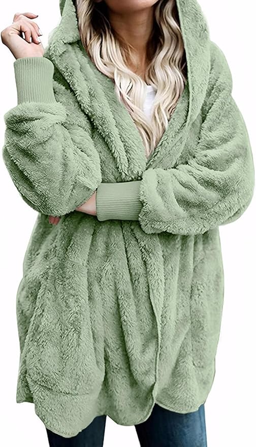 Zilcremo Women Hooded Cardigan Fuzzy Jacket Winter Open Front Fleece Coat Outwear with Pockets
