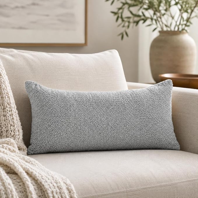 JoraLion 14x24 inch Boucle Lumbar Pillow Cover, Light Gray Woven Texture Neutral Long Pillow Cover Breathable Cushion Case for Couch Sofa Bed Living Room Home Decor (Cover Only)