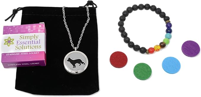 Aromatherapy Essential Oil Diffuser Stainless Steel 30MM Silver Magnetic Locket Pendant 2 Sizes Chain Necklace, Refill Pads & Diffuser Bracelet in a Velvet Bag (Dog)