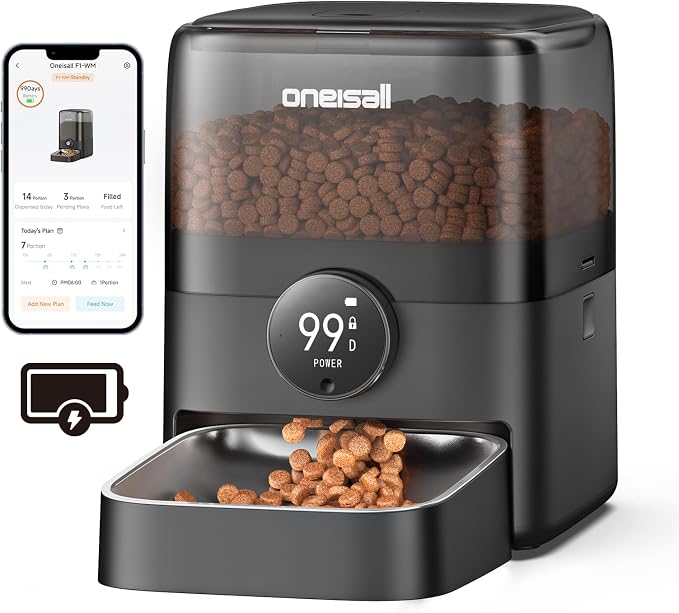 oneisall Cordless Cat Feeder with WiFi | Rechargeable 100-Day Battery Operated, 12 Cups/3L, Dry Food Dispenser, Large Kibble, Smart App Control, Black
