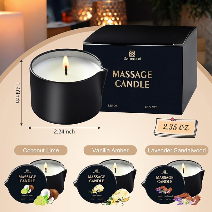 3 Pack Massage Oil Candles 2.35oz Low Temp Massage Candles 3 Scent Spa Therapy Body Oil Home Gift for Relaxation, Couples, or Self-Care (2.35 oz, Vanilla Amber, Lavender Sandalwood, Coconut Lime)