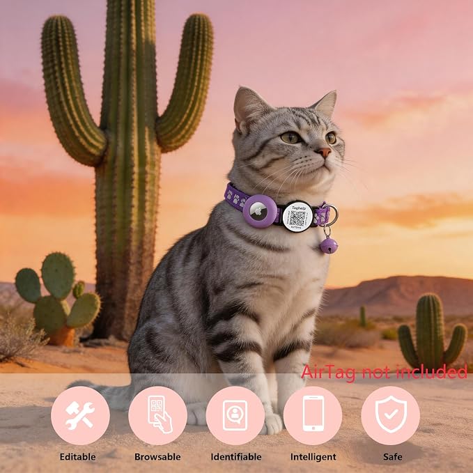 2 Pack Airtag Cat Collar, Breakaway Cat Airtag with Smart ID tag & QR Code Reflective (Reflective Strip & Paw Pattern - Purple, with Integrated AirTag Holder)
