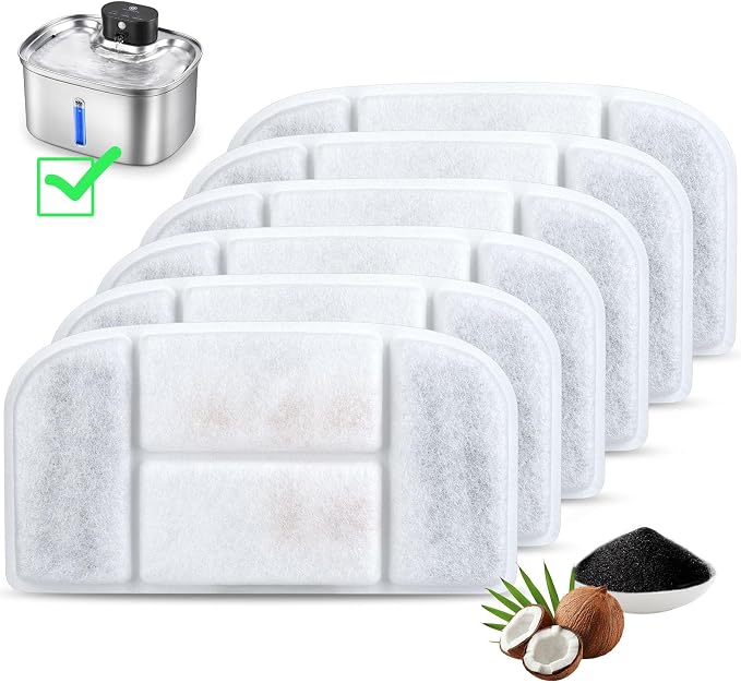 BOORCA 5L Wireless Cat Water Fountain Filters 6 Pieces Triple Filtration System Replacement Filter Fit for 5L Cat Pet Fountain, 6 Filtration System and 2 Pre-Filter Sponges