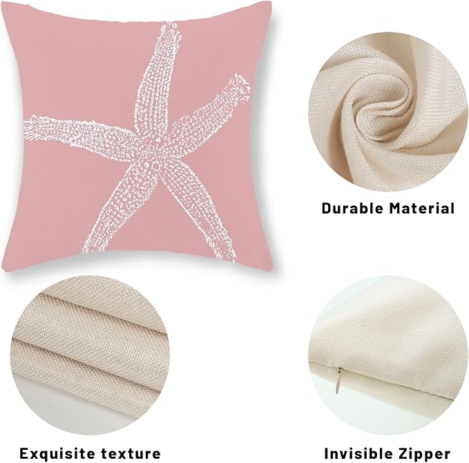 Coastal Pillow Covers 18x18 Inch Set of 2, Pink Coral Starfish Throw Pillows Nautical Ocean Decorations Beach Pillowcase Outdoor Decor Linen Farmhouse Cushion Case for Home Sofa Living Room