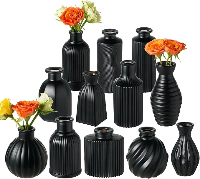 Black Vase, Bud Vases Set of 12 Small Glass Vase for Decor Centerpieces | Matte Ribbed Modern Vintage Flower Vases for Wedding Party Table Decoration Home Decor in Bulk